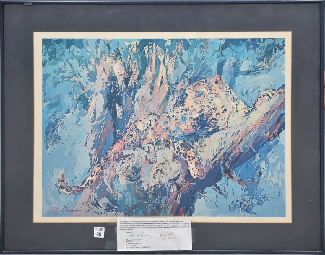 LeRoy Neiman signed lithograph, Leopard in tree, pencil signed lower right, 19" x 25 1/4" sight, 25: LeRoy Neiman signed lithograph, Leopard in tree, pencil signed lower right, 19" x 25 1/4" sight, 25 1/4" x 31 3/4", overall condition: faded