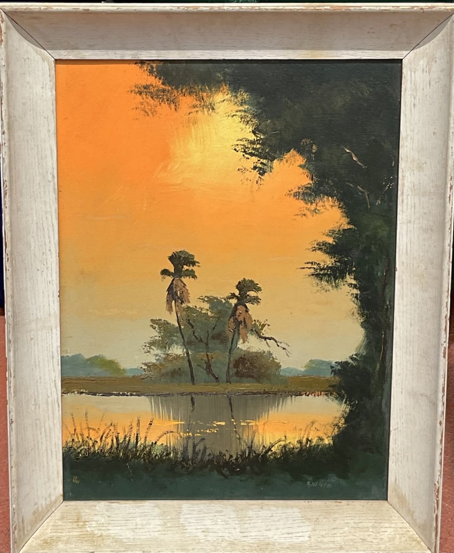 FLORIDA HIGHWAYMEN PAINTING by Sam Newton (AMERICAN, 1948) Everglades Sunset, oil on Upson board,: FLORIDA HIGHWAYMEN PAINTING by Sam Newton (AMERICAN, 1948) Everglades Sunset, oil on Upson board, signed lower right 18 x 24 inches 23 x 29 inches overall with frame.