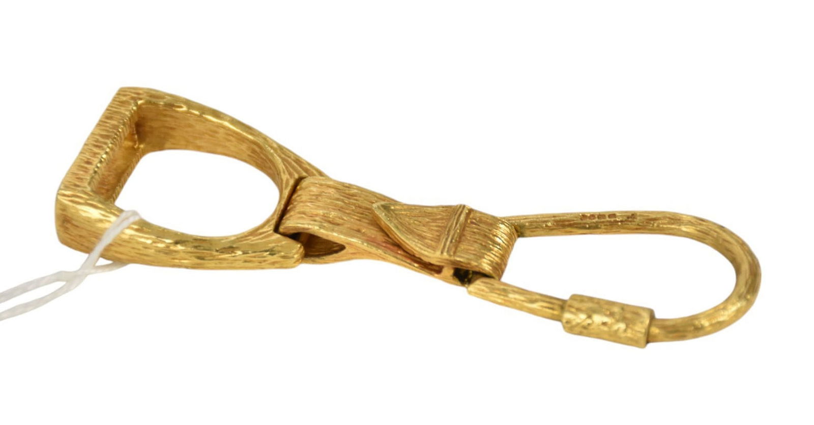 ONE 18 KARAT GOLD BARK FINISH STIRRUP KEYCHAIN This has English hallmarks for 18 karat gold and: ONE 18 KARAT GOLD BARK FINISH STIRRUP KEYCHAIN This has English hallmarks for 18 karat gold and weighs 31.0dwt