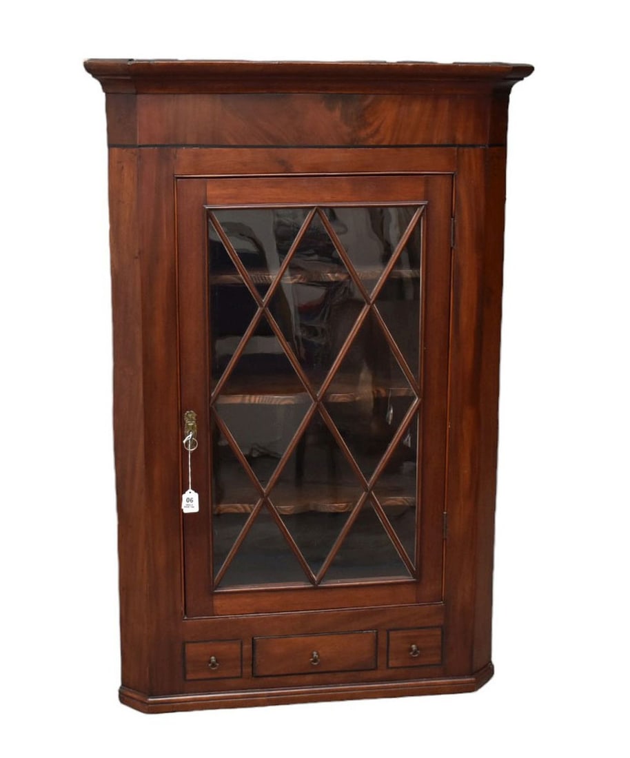 Hanging 18th c. Corner Cupboard, Glazed Window Panes, 3 Shaped Interior Shelves Over Side by Side: Hanging 18th c. Corner Cupboard, Glazed Window Panes, 3 Shaped Interior Shelves Over Side by Side Drawers, 46"h x 30 1/2"w