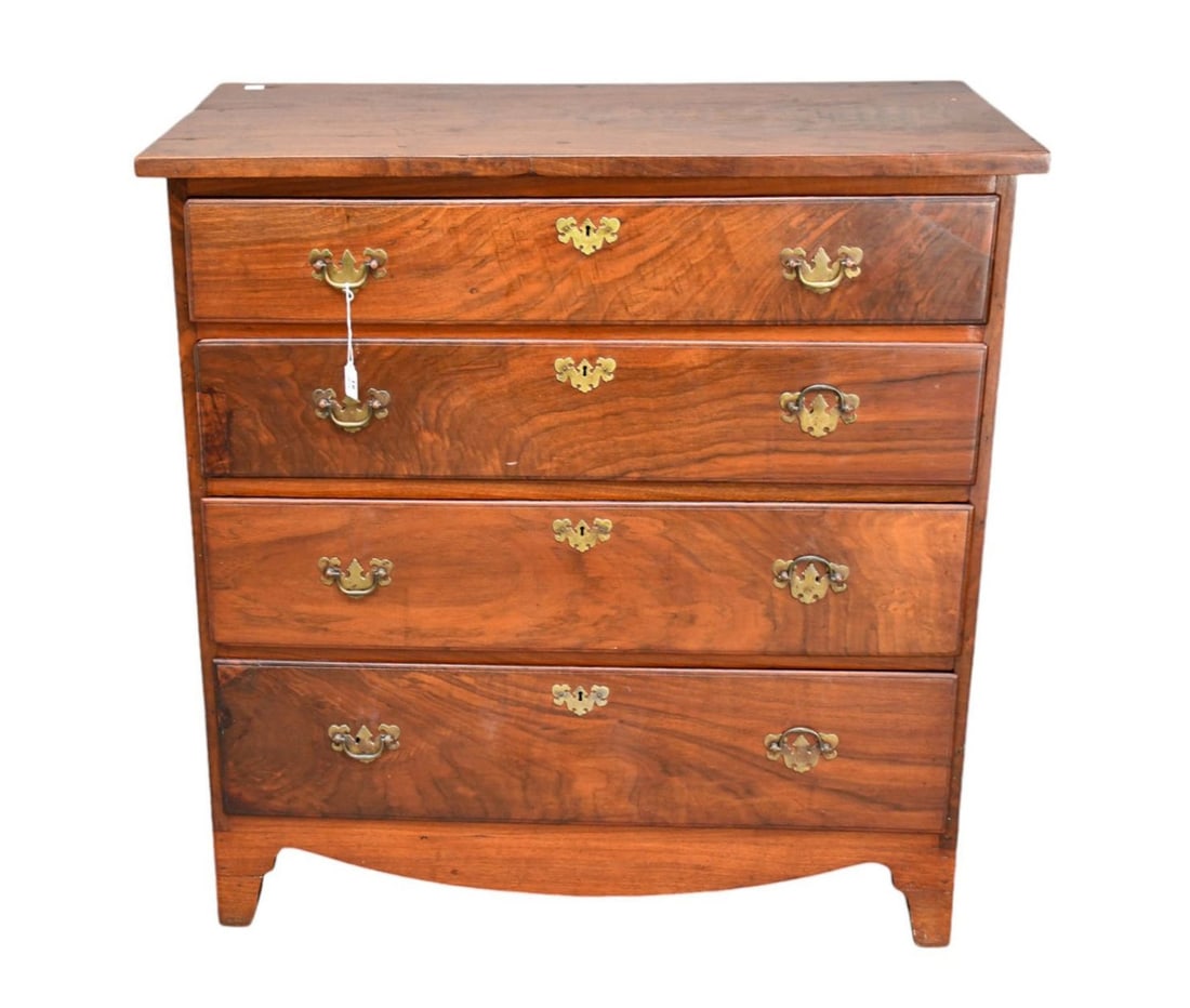 Chest of Drawers, Circa 1800, 4 Graduated Drawers with Batwing Hardware on Bracket Feet, 41"h x 40: Chest of Drawers, Circa 1800, 4 Graduated Drawers with Batwing Hardware on Bracket Feet, 41"h x 40 1/2"w x 21"d (appropriate age crack)