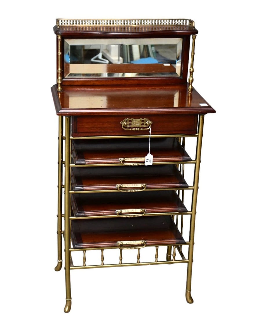 Antique Sheet Music Stand, One Drawer Over 4 labeled sliding shelves: Antique Sheet Music Stand, One Drawer Over 4 labeled sliding shelves, with beveled mirror above. Brass Hardware. 31 1/2"h x 21 1/2"w x 14"d