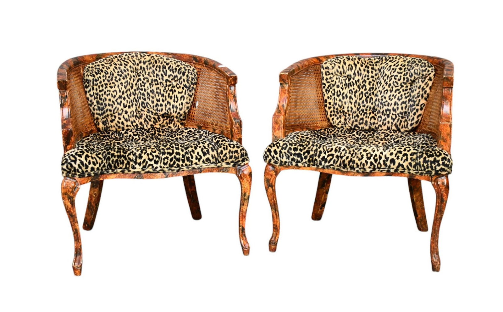 Pair Cane Back Armchairs, Sponge Painted with Faux Leopard Print Upholstered Seats & Backs (worn): Pair Cane Back Armchairs, Sponge Painted with Faux Leopard Print Upholstered Seats & Backs (worn)