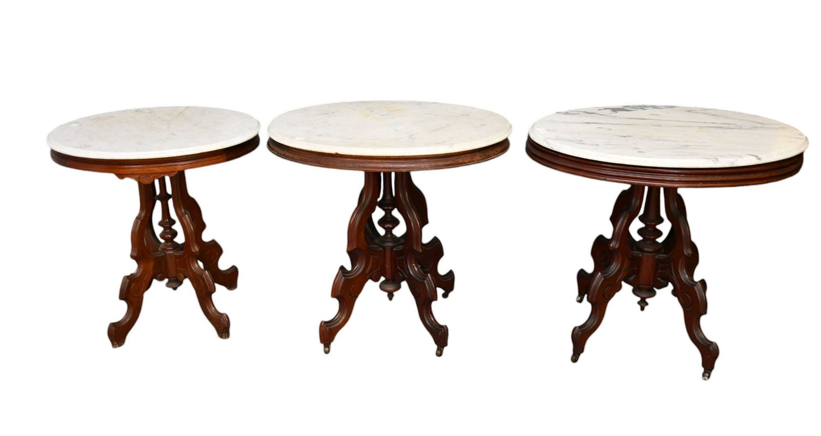 3 Eastlake Occasional Oval Tables, Center Pedestals with Marble Tops, Approx. 28"h x 27"w: 3 Eastlake Occasional Oval Tables, Center Pedestals with Marble Tops, Approx. 28"h x 27"w