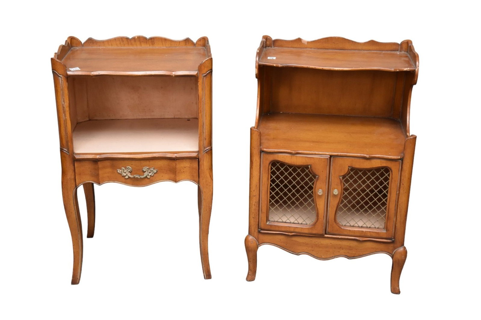 2 Fruitwood Nightstands, One Grid Door & One Open Shelf, 28"h x 18"w x 14": 2 Fruitwood Nightstands, One Grid Door & One Open Shelf, 28"h x 18"w x 14"