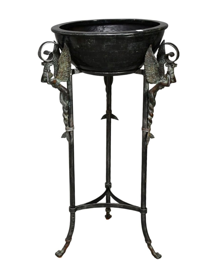 Vintage Iron Planter, Faux Marble Basin Insert on 3 Supports, Bronze Winged Mermaids at Top & Bronze: Vintage Iron Planter, Faux Marble Basin Insert on 3 Supports, Bronze Winged Mermaids at Top & Bronze Feet, 45"h x 17"dia