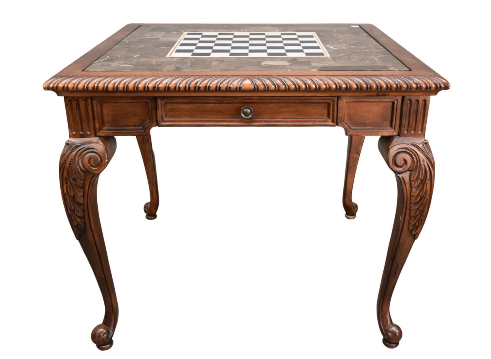 Game Table with 2 Drawers, Onyx Insert, Carved Cabriole Legs, 30"h x 34"square: Game Table with 2 Drawers, Onyx Insert, Carved Cabriole Legs, 30"h x 34"square