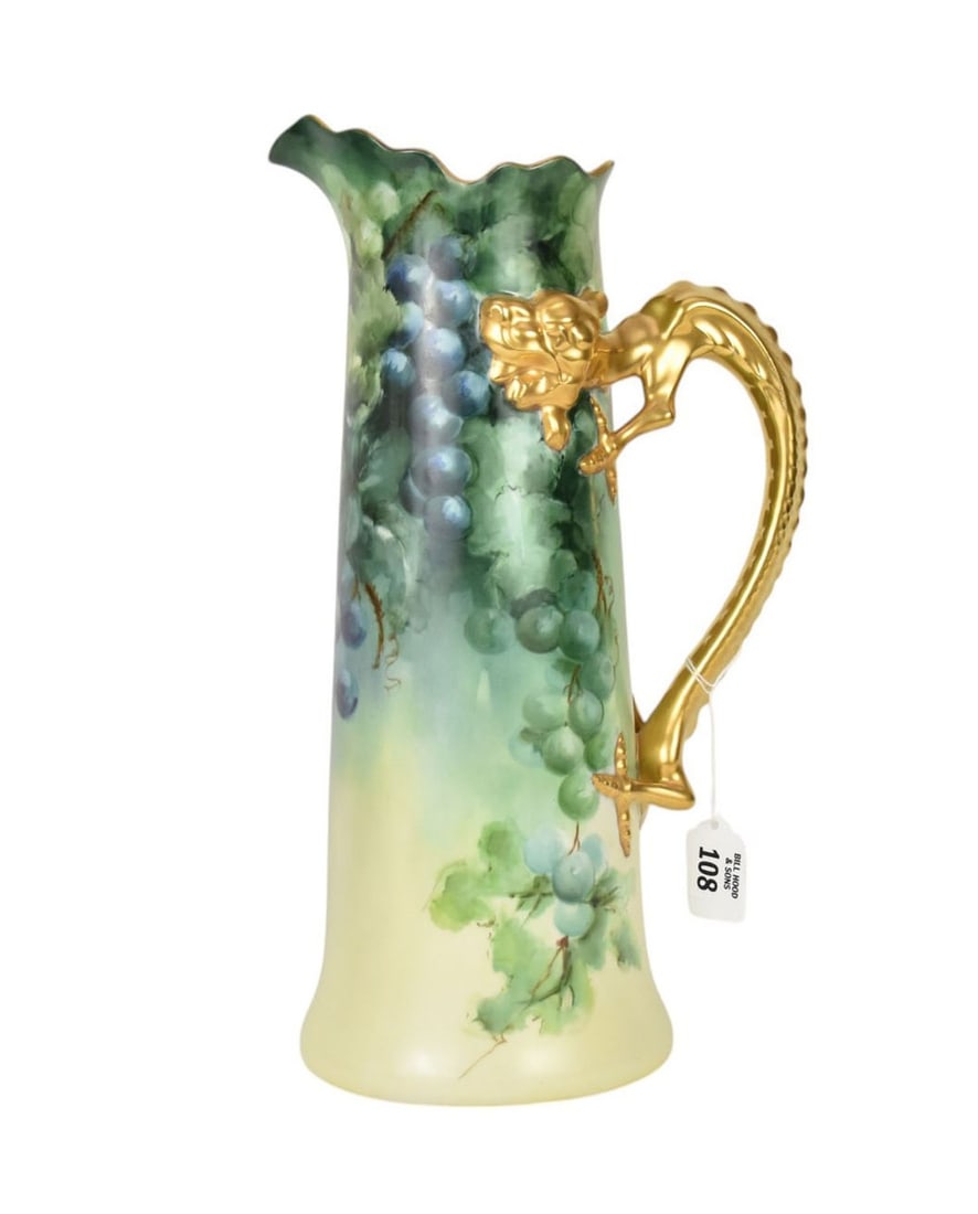 Oversized Hand Painted Limoges Pitcher with Grape Motif & Gilt Dragon Handle, Signed, 15"h: Oversized Hand Painted Limoges Pitcher with Grape Motif & Gilt Dragon Handle, Signed, 15"h