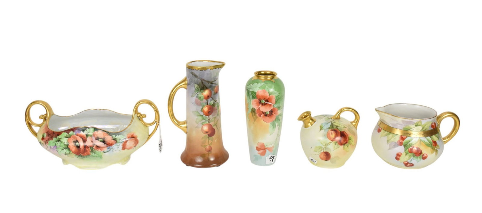 Lot Limoges (5) Hand Painted Tablewares with Fruit & Flower Motif, Centerpiece Bowl, Vase and 3: Lot Limoges (5) Hand Painted Tablewares with Fruit & Flower Motif, Centerpiece Bowl, Vase and 3 Pitchers (7" x 14" largest)