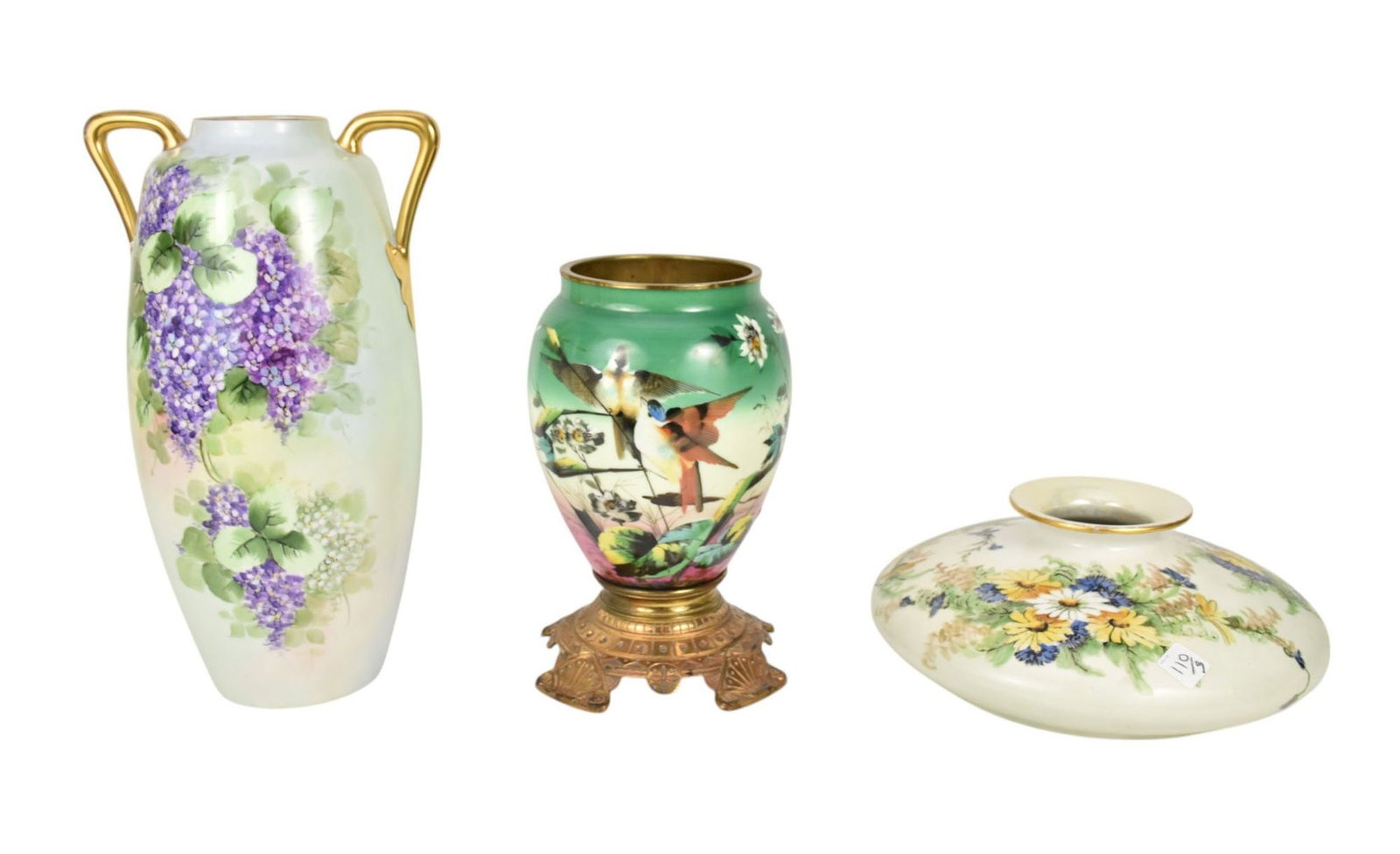 3 Hand Painted Large Limoges Pcs, Font From Oil Lamp with Brass Base, Double Handle Vase with Hand: 3 Hand Painted Large Limoges Pcs, Font From Oil Lamp with Brass Base, Double Handle Vase with Hand Painted Violets (15"h) AND Flat Disc Form Vase with Yellow Daisies