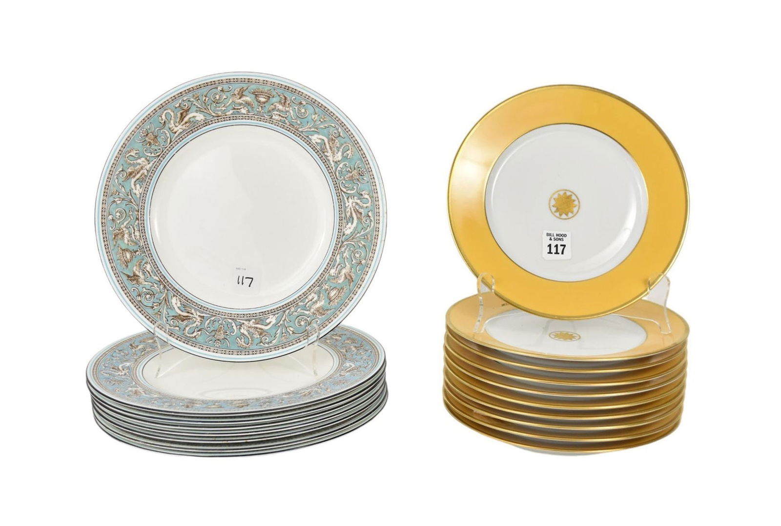 10 Limoges Plates, Yellow Border & Gold Sunburst Centers (8 3/4"dia) (gold wear) AND 8 Wedgwood: 10 Limoges Plates, Yellow Border & Gold Sunburst Centers (8 3/4"dia) (gold wear) AND 8 Wedgwood Dinner Plates, Turquoise Borders (10 1/2"ida) (one rim chip)