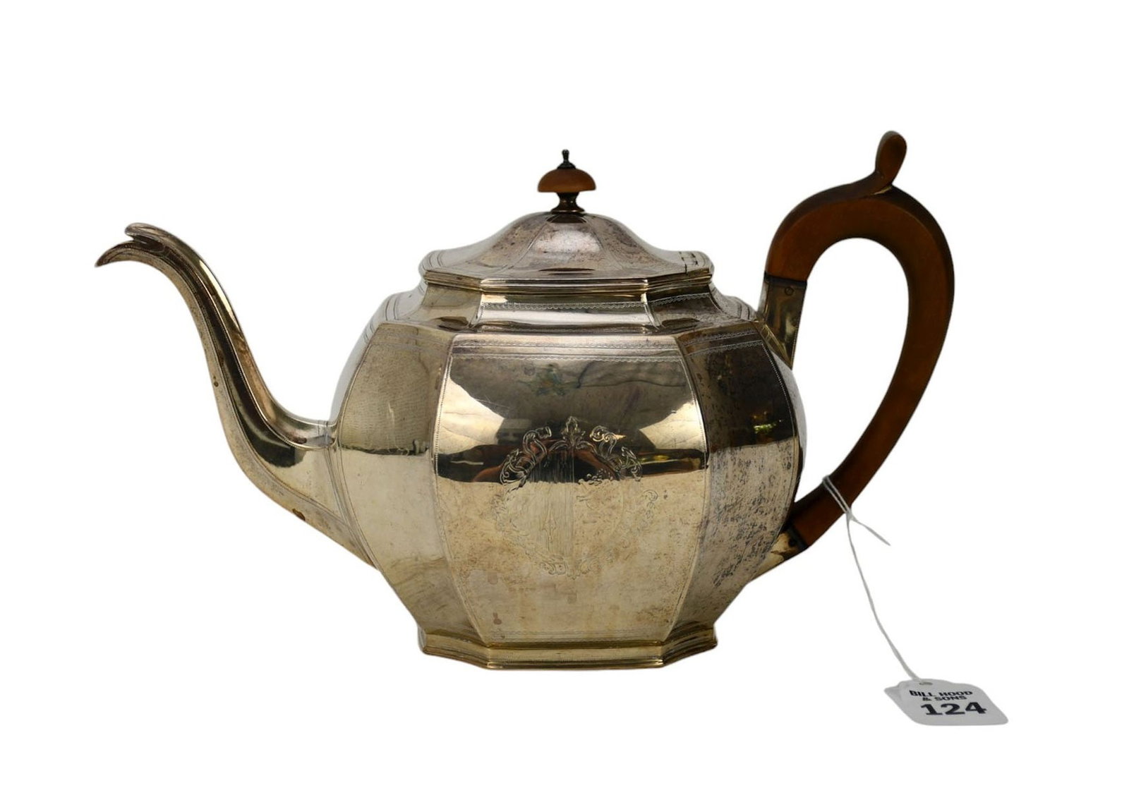 British Sterling Silver Teapot with Wood Handle and Finial Octagonal Design, Possibly 1805-1806,: British Sterling Silver Teapot with Wood Handle and Finial Octagonal Design, Possibly 1805-1806, Having a central crest, chased shoulder and lid, Possible Pseudo-Hallmarks: Lion Passant, Crowned Leopa