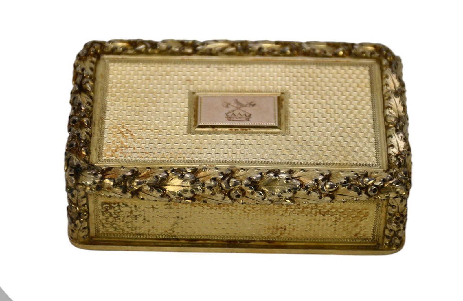George III Style Silver Gilt Lidded Snuff-Vinaigrette Box, Late 18th/19th Century, With rosette: George III Style Silver Gilt Lidded Snuff-Vinaigrette Box, Late 18th/19th Century, With rosette border., Indistinct Hallmarks: Lion Passant, uncrowned leopard head, date letter “n,” Duty mark,