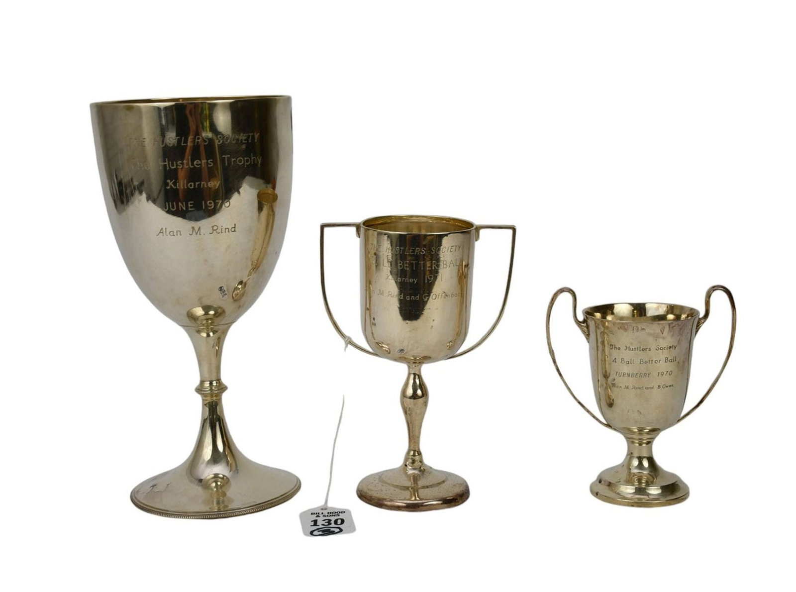 Three Silver and Silverplated Trophy Cups, 20th Century, All from the Hustlers Society. All footed,: Three Silver and Silverplated Trophy Cups, 20th Century, All from the Hustlers Society. All footed, two with twin handles, Two from 1970 and 1971 Hustlers Ball- Dedicated to Alan M. Rind and others, O