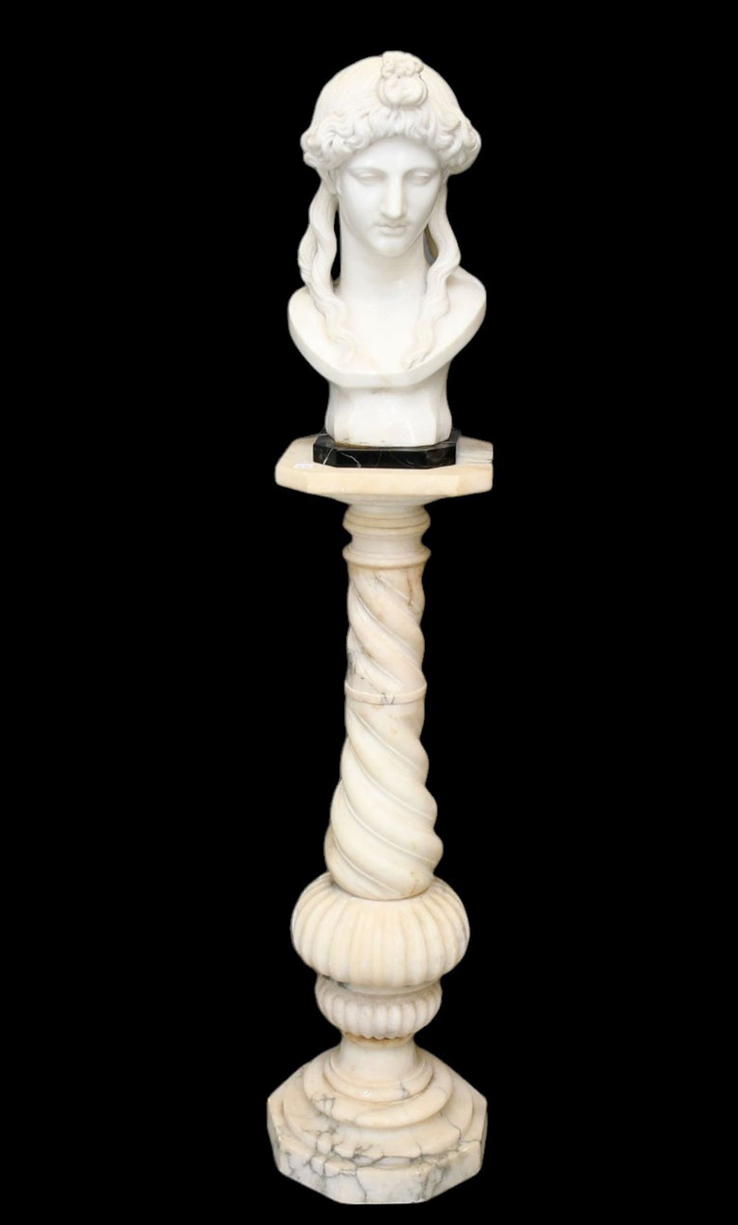 Antonio FRILLI (c.1880-1920). Carrara marble female bust, signed A. Frilli Firenze Sold with Marble: Antonio FRILLI (c.1880-1920). Carrara marble female bust, signed A. Frilli Firenze Sold with Marble Pedestal, 42"h x 11"square