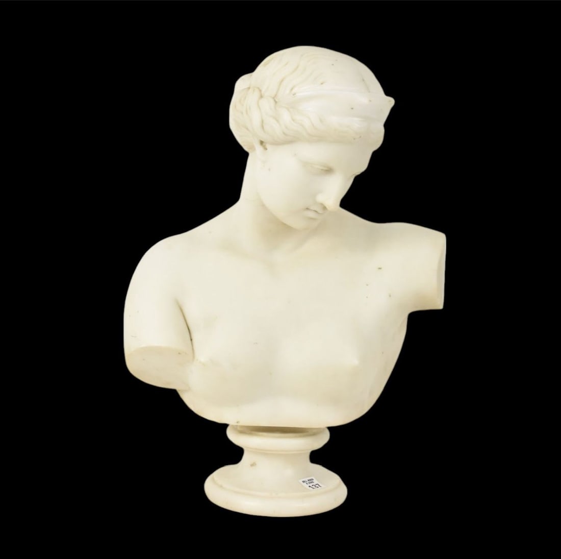 Guiseppe Rossi (Italian, 1823-1907) Marble Bust of Venus - White Carrera marble carved bust,: Guiseppe Rossi (Italian, 1823-1907) Marble Bust of Venus - White Carrera marble carved bust, depicting Venus de Capua, with crown, wavy hair in chignon, the eyes cast downward. Incised "G.A. NO ROSSI
