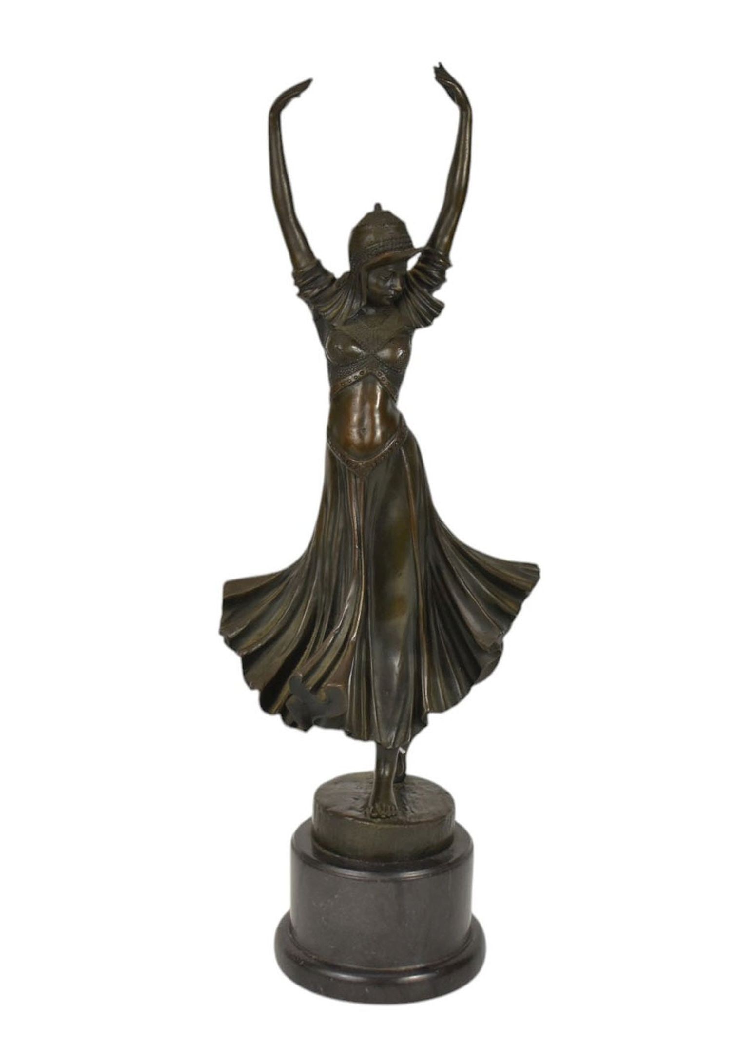 After Dimitri Chiparus Bronze Dancer Sculpture - Patinated bronze figure of a Deco era dancer with: After Dimitri Chiparus Bronze Dancer Sculpture - Patinated bronze figure of a Deco era dancer with Eastern inspired costume. Mounted on a raised marble base. Signed "D.H. Chiparus" to back of sculptur