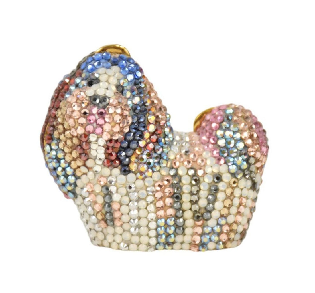 Judith Leiber Shih Tzu "Ginger" Crystal Pillbox - Adorned with multi-colored micro crystal stones.: Judith Leiber Shih Tzu "Ginger" Crystal Pillbox - Adorned with multi-colored micro crystal stones. #P60257. With marks and retail label to interior. 1 5/8" h x 1 3/4" w. Condition: excellent