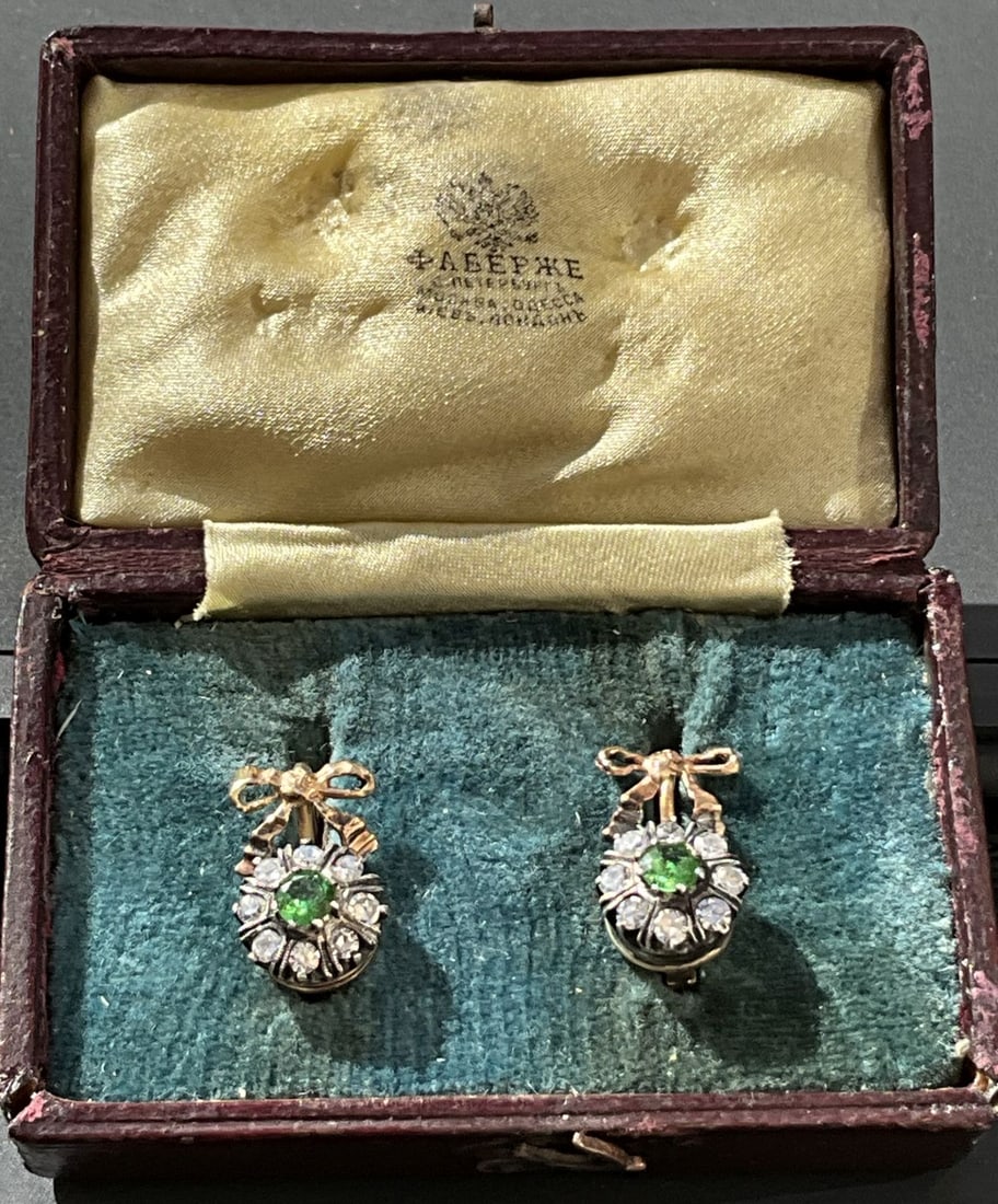 Russian gold diamond demantoid garnet earrings, Stamped 56 for 14 carat gold and makers marks.: Russian gold diamond demantoid garnet earrings, Stamped 56 for 14 carat gold and makers marks. Weighs 4.1 grams, length 1.6 centimeters.