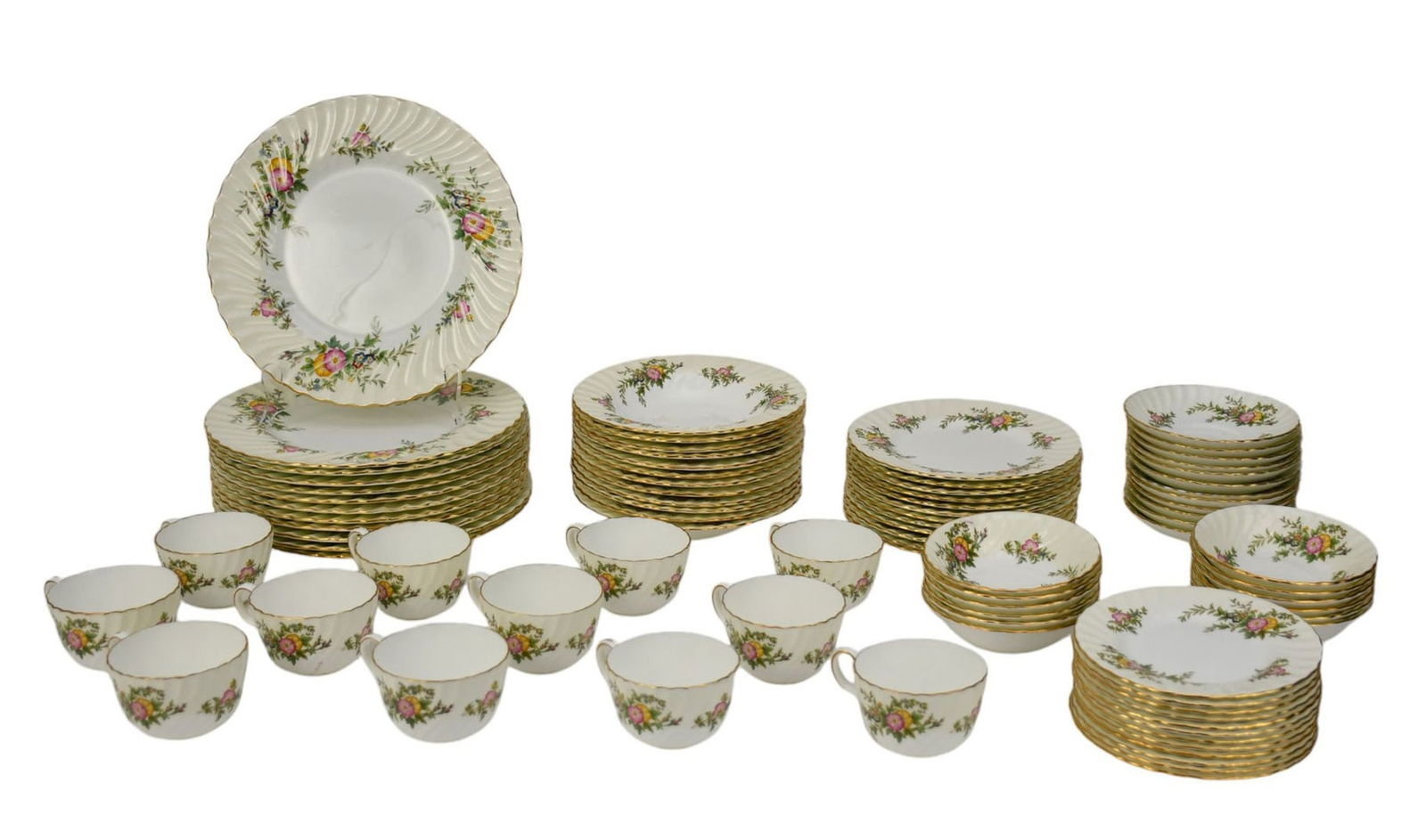 Minton Porcelain china set, York Pattern, 94 Pcs. incl. 12 Dinner Plates (10 1/2"dia), 12 Plates: Minton Porcelain china set, York Pattern, 94 Pcs. incl. 12 Dinner Plates (10 1/2"dia), 12 Plates (8"dia), 12 Soups, 12 Bread & Butters, 12 Fruit Dishes, 12 Teacups and 12 Saucers