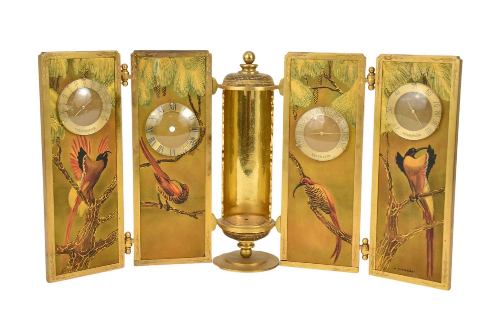 Andre Margat, Gilt Bronze Painted Paneled Desk Weather Station - French, C. first-half 20th century: Andre Margat, Gilt Bronze Painted Paneled Desk Weather Station - French, C. first-half 20th century A gilt bronze desk top weather station with four hand-painted folding panels, each with a different 