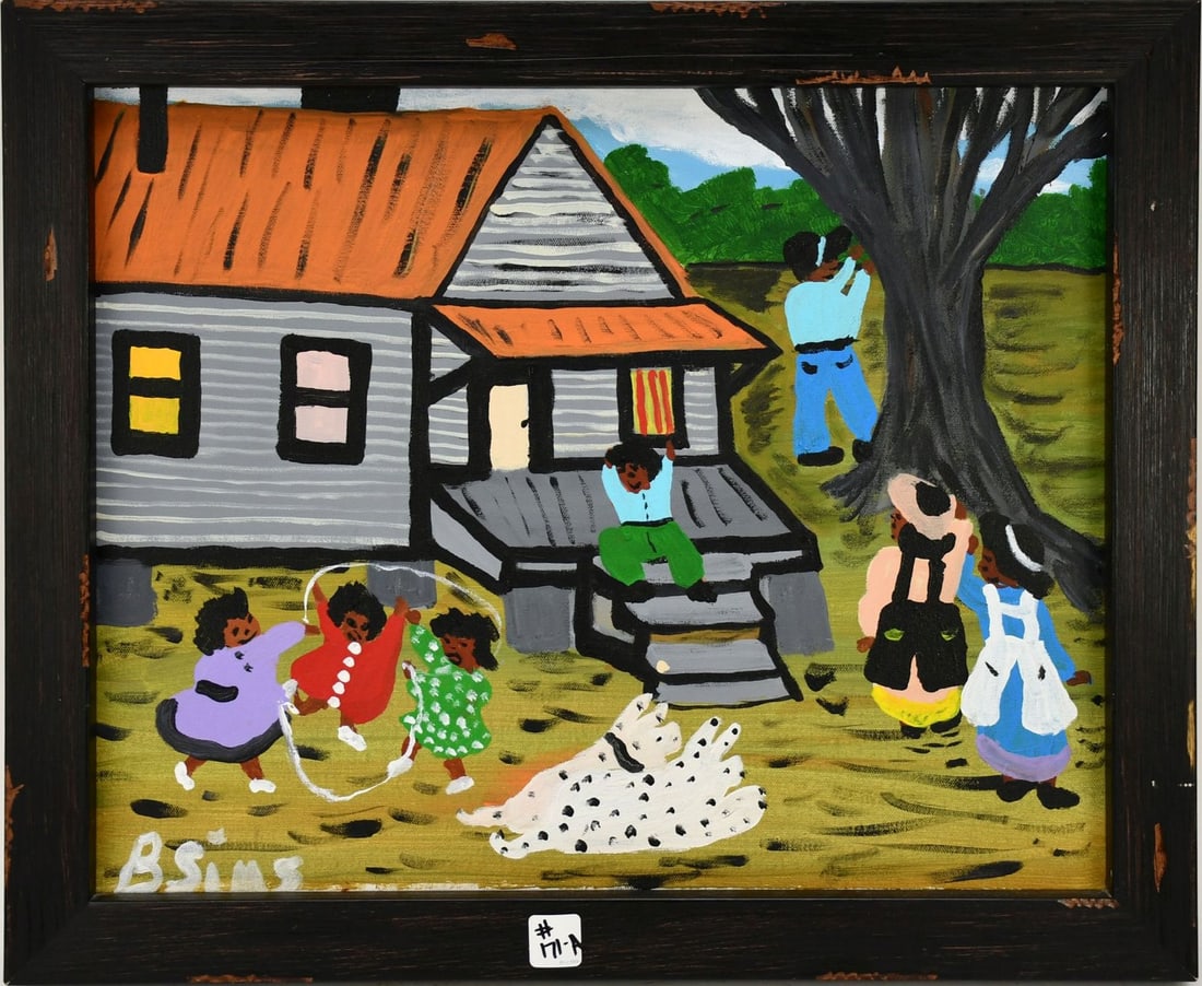 Bernice Sims (Alabama, Louisiana (1926-2014) folk art, oil on canvas, signed lower left, family: Bernice Sims (Alabama, Louisiana (1926-2014) folk art, oil on canvas, signed lower left, family jump roping on front porch, 16" x 20" canvas, 18 1/2" x 22 1/2" overall