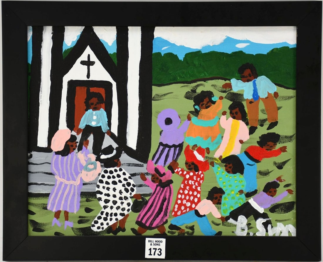 Bernice Sims (Alabama, Louisiana (1926-2014) folk art, oil on canvas, signed lower right, outside: Bernice Sims (Alabama, Louisiana (1926-2014) folk art, oil on canvas, signed lower right, outside of church, 11" x 14" canvas, 13" x 16" overall