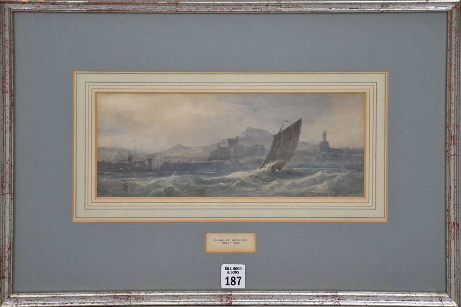 CHARLES BENTLEY (British 1806-1854) 19th Century Fishing Boats off: CHARLES BENTLEY (British 1806-1854) 19th Century Fishing Boats off Coast- Depicting sailboat in rough seas with mountains and castle in the background. H. 4 ½” x 11 ½” Frame: