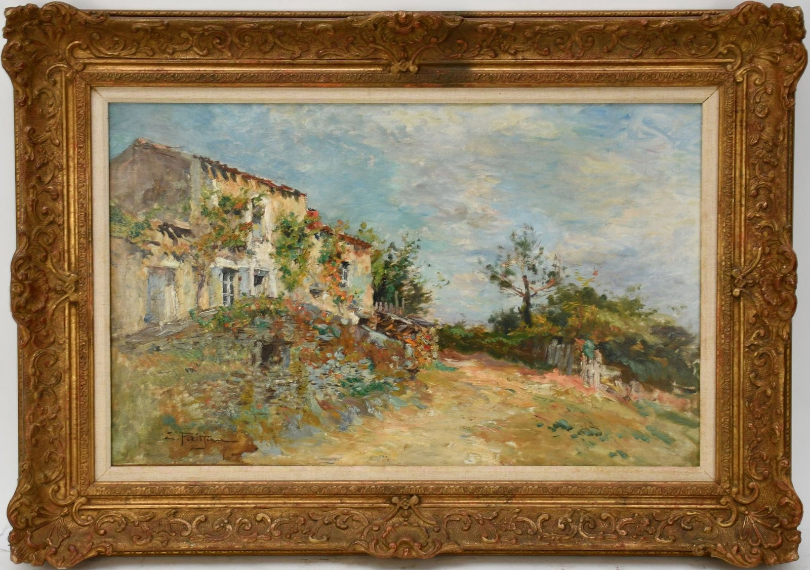 Edmond Marie Petitjean (French, 1844-1925)(French 1844-1925) 19th Century- Maisons Vendeennes. Oil: Edmond Marie Petitjean (French, 1844-1925)(French 1844-1925) 19th Century- Maisons Vendeennes. Oil on canvas Signed lower left “E. Petitjean” H. 14 ½” x W. 23” Frame: Rococo