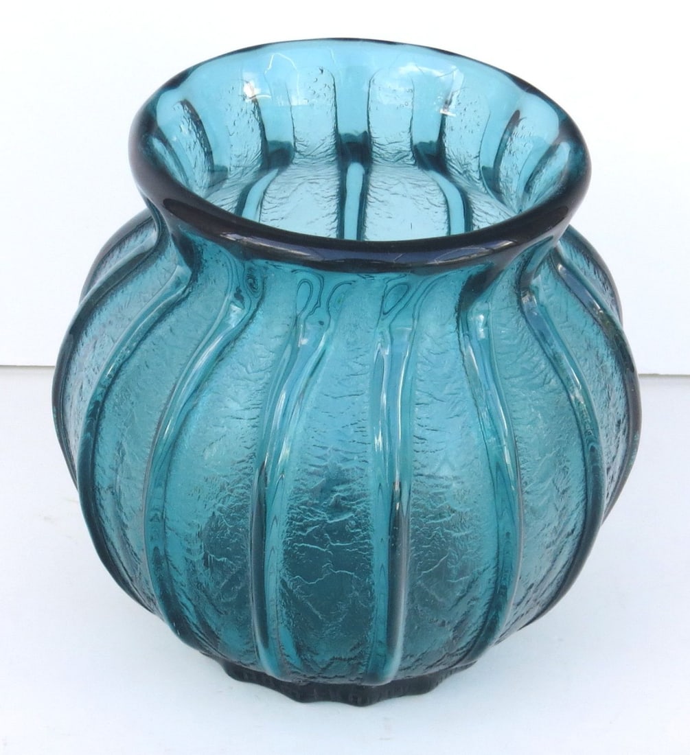 Antique DAUM NANCY Teal Green blown crystal vase of spherical form with flaring rim: 15 vertical: Antique DAUM NANCY Teal Green blown crystal vase of spherical form with flaring rim: 15 vertical ribs with acid-etched textured panels between each; 6 1/8 inches tall; 6 inches diameter. Engraved bloc