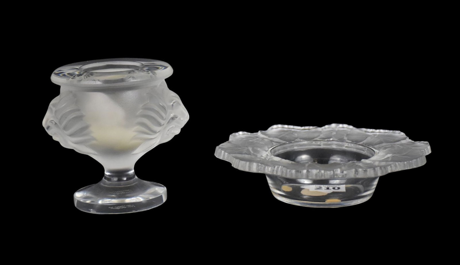 2 Pcs. Lalique Crystal Ashtray (1 1/4"h x 6"dia) and Match Holder (3 1/4"h): 2 Pcs. Lalique Crystal Ashtray (1 1/4"h x 6"dia) and Match Holder (3 1/4"h)