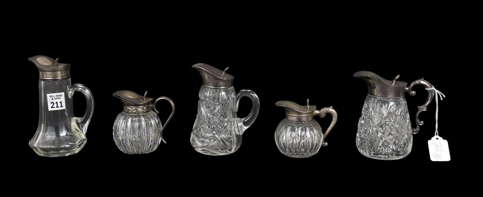 5 Crystal Syrup Jars with Silver Tops, 6"h tallest: 5 Crystal Syrup Jars with Silver Tops, 6"h tallest