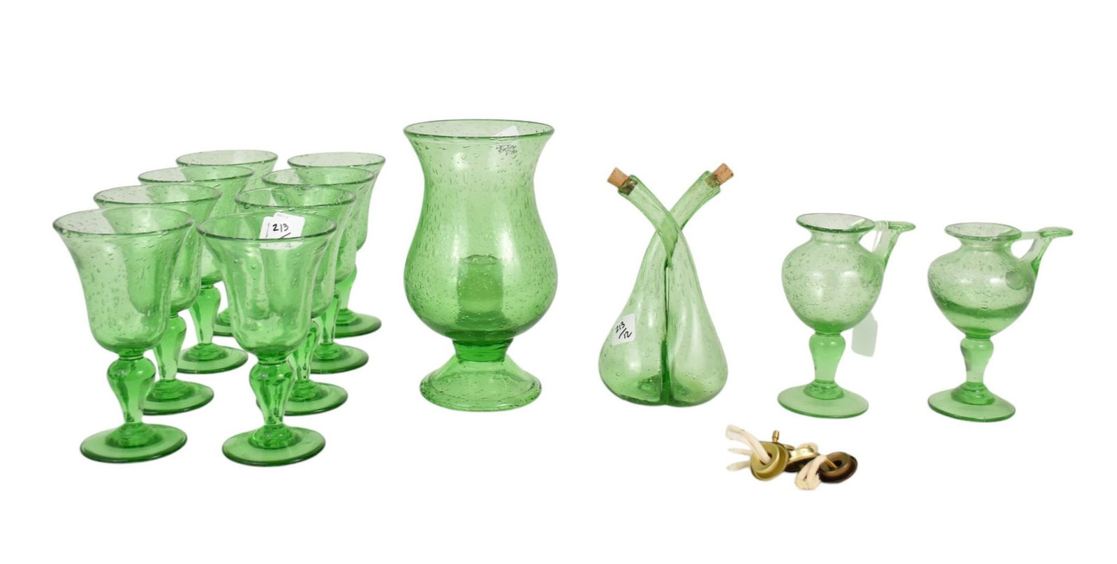 12 Pcs. Handblown Green Glass Stemware & Tableware's: 12 Pcs. Handblown Green Glass Stemware & Tableware's