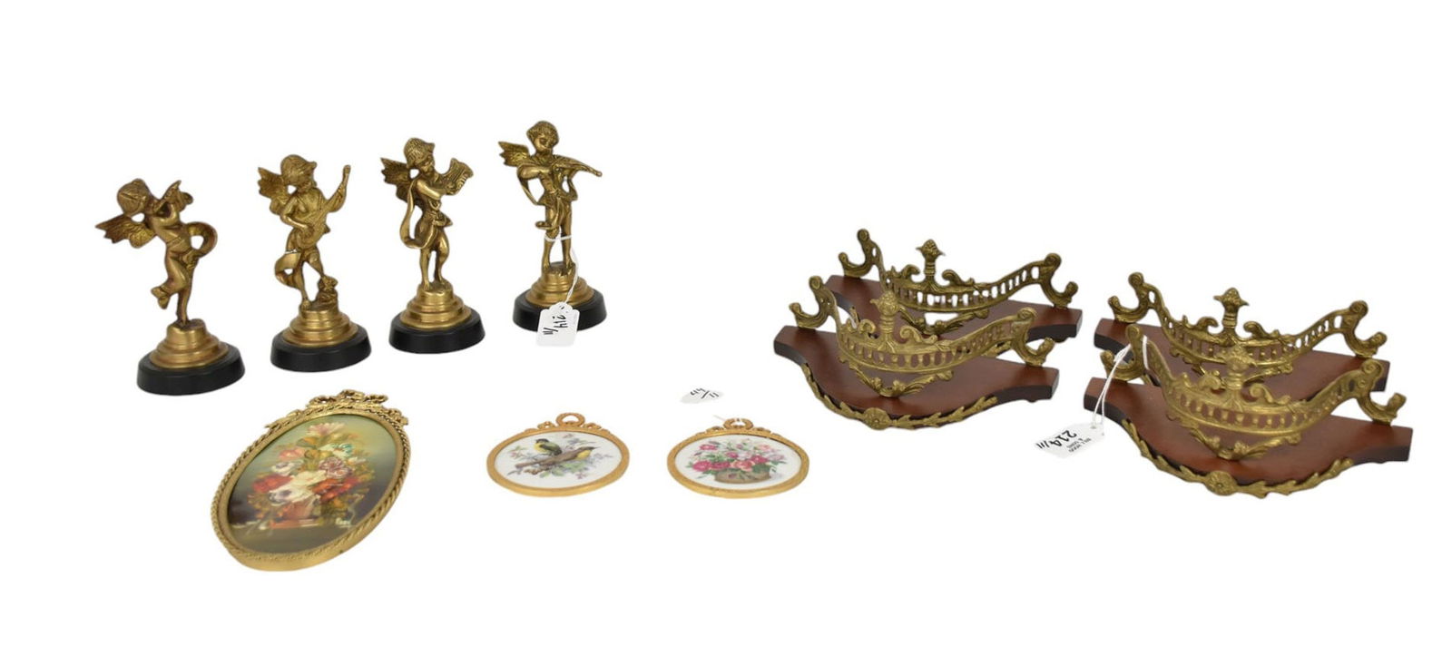 11 Pcs including: 8pcs- Wall Brackets with Brass Ornamentation Each With Angel Musicians AND 3: 11 Pcs including: 8pcs- Wall Brackets with Brass Ornamentation Each With Angel Musicians AND 3 Miniature Brass Ornate Framed Pieces of Art