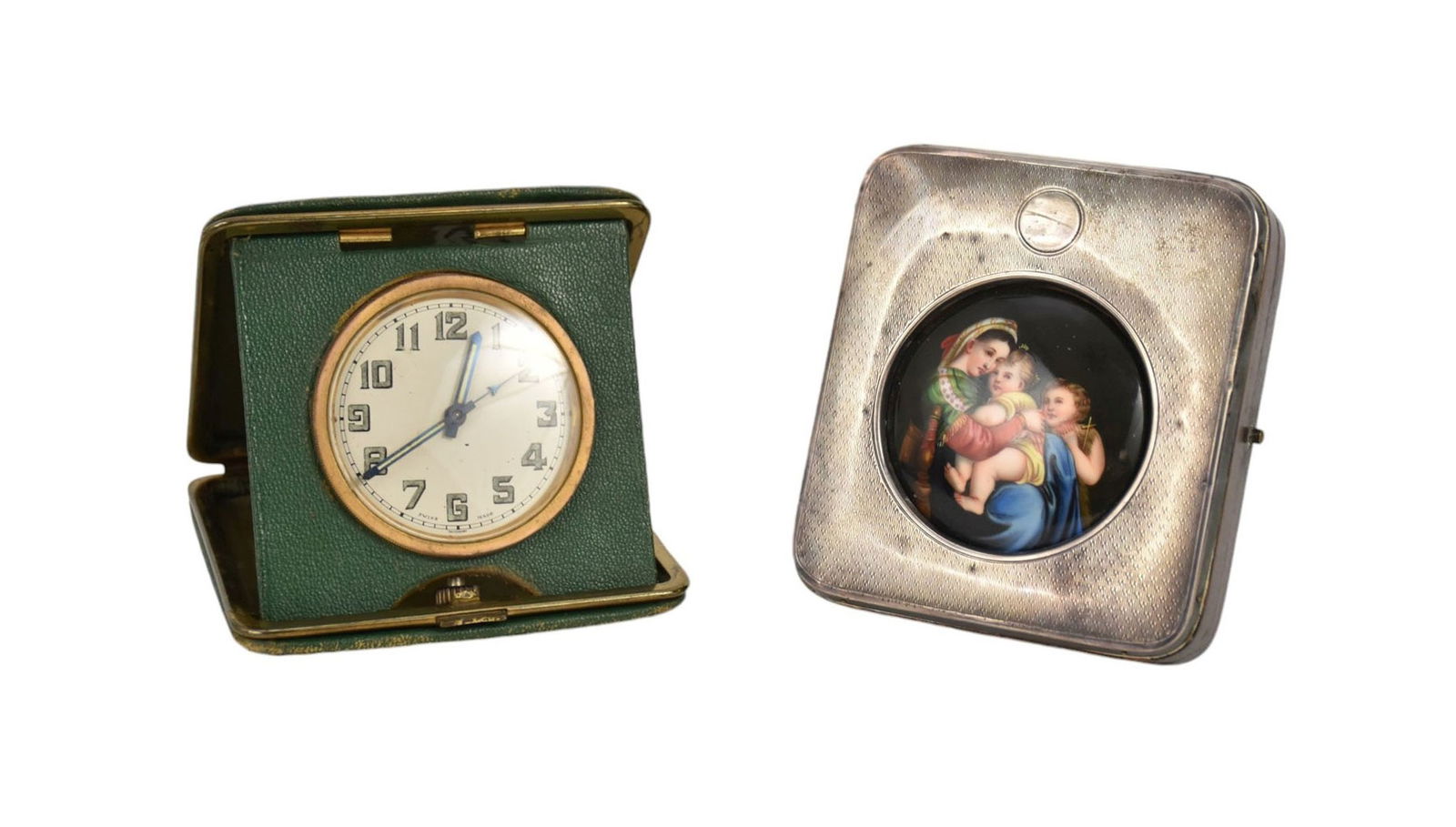 Vintage Made in Switzerland Travel Clock, Brevet 124160, Worn Leather Standing Case AND Empty: Vintage Made in Switzerland Travel Clock, Brevet 124160, Worn Leather Standing Case AND Empty Sterling Watch Case with Wood Easel Back & Added Paneled Porcelain Disc Holy Family, Birmingham England 19
