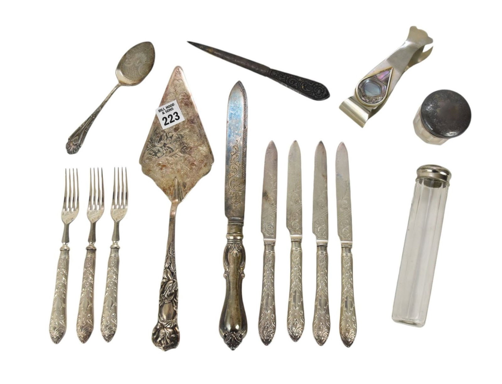 Victorian Silverplate Fruit Set, Pie Server, Ice Tongs and Sterling Lid Patch Box and Glass Tube: Victorian Silverplate Fruit Set, Pie Server, Ice Tongs and Sterling Lid Patch Box and Glass Tube