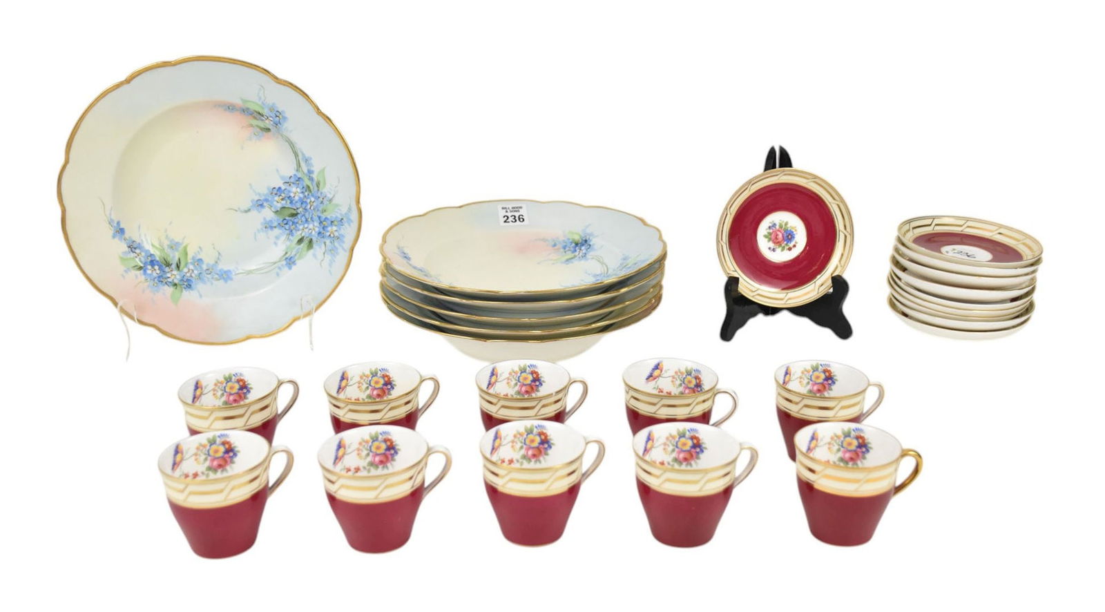 6 JP France Soups, Floral With Gold Rims (large chip on rim) AND Aynsley Demitasse Porcelain, 10: 6 JP France Soups, Floral With Gold Rims (large chip on rim) AND Aynsley Demitasse Porcelain, 10 Cups & 10 Saucers, Burgundy with Floral Centers (some chips)