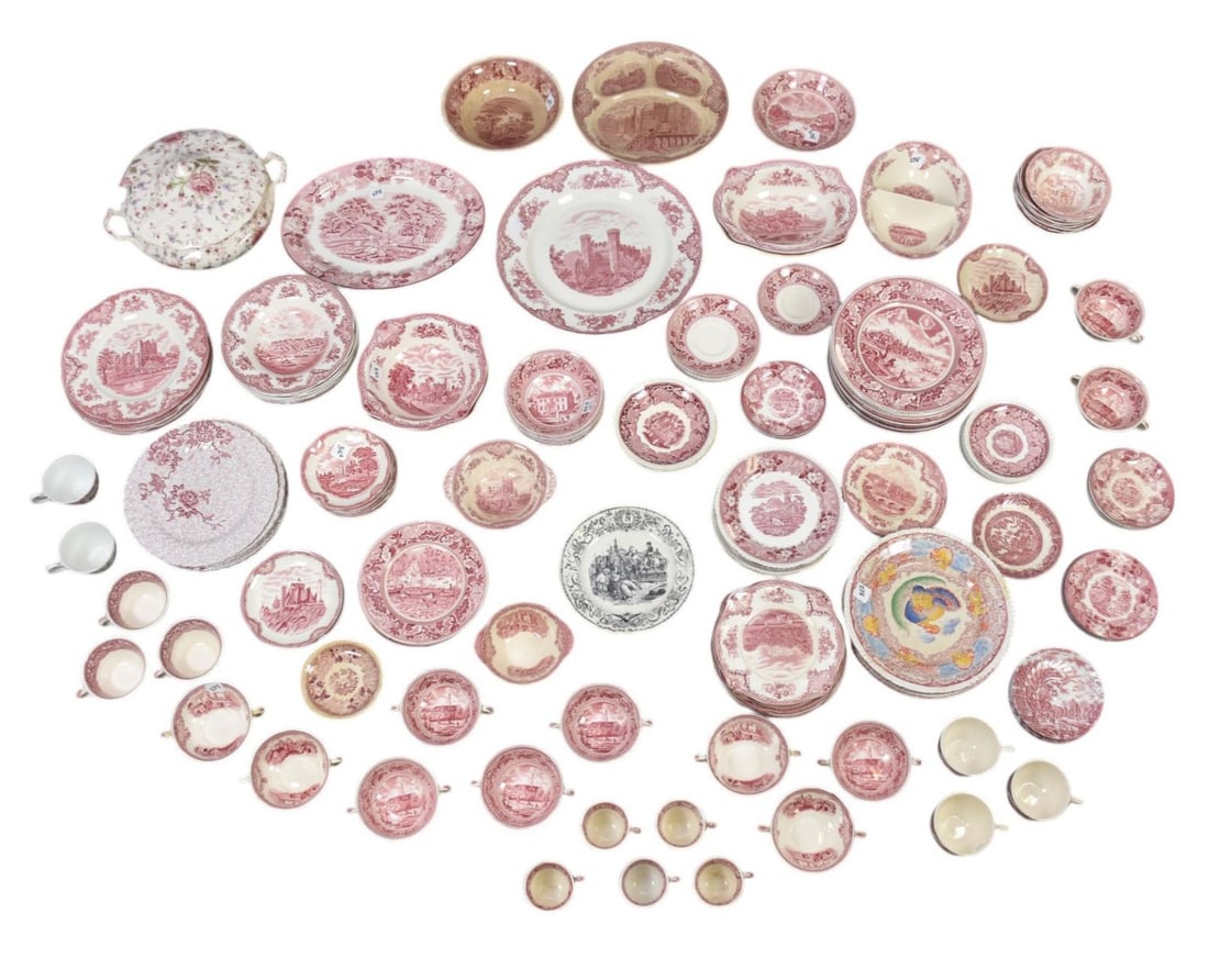 Lot of English Porcelain Transferware Pcs, incl; 6 Turkey Plates, 6 Lotus Plates, 11 Dinner Plates: Lot of English Porcelain Transferware Pcs, incl; 6 Turkey Plates, 6 Lotus Plates, 11 Dinner Plates (10"dia, has chips), Rose Chintz Soup Tureen (no ladle) AND Approx. 134 Assorted Tableware Pieces