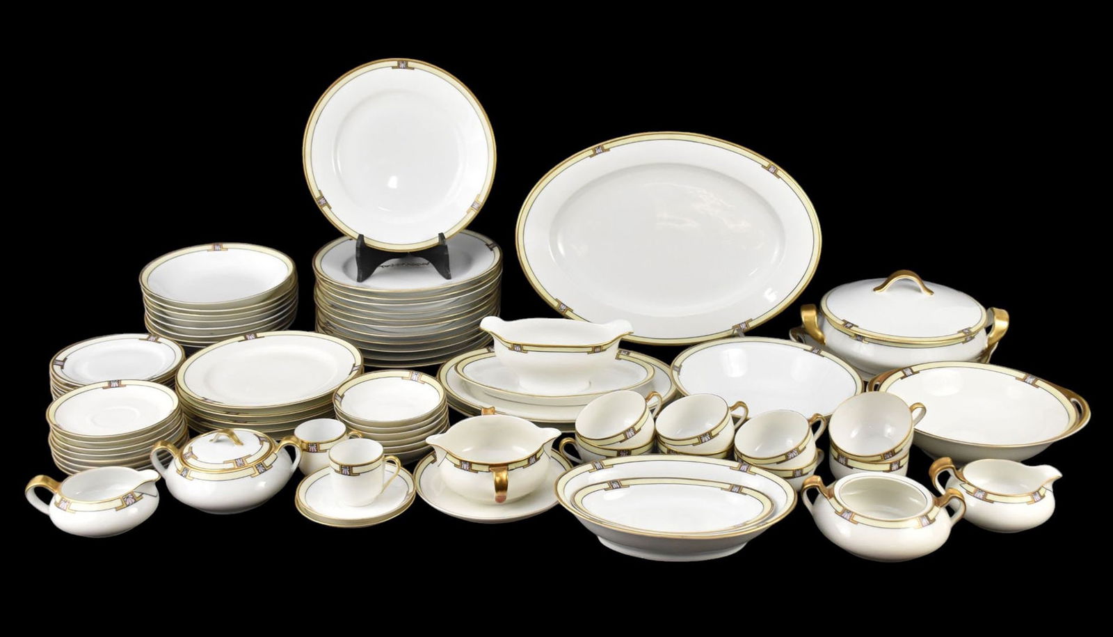 Haviland Limoges & Royal Austria, Royal Porcelain, Deco Pattern, incl; 12 Dinner Plates (9 1/2"dia),: Haviland Limoges & Royal Austria, Royal Porcelain, Deco Pattern, incl; 12 Dinner Plates (9 1/2"dia), 5 Plates (8 1/2"dia), 8 Bread & Butter Plates (6"dia), 8 Cream Soups, 8 Cups, 8 Saucers, 2 Demit Ta