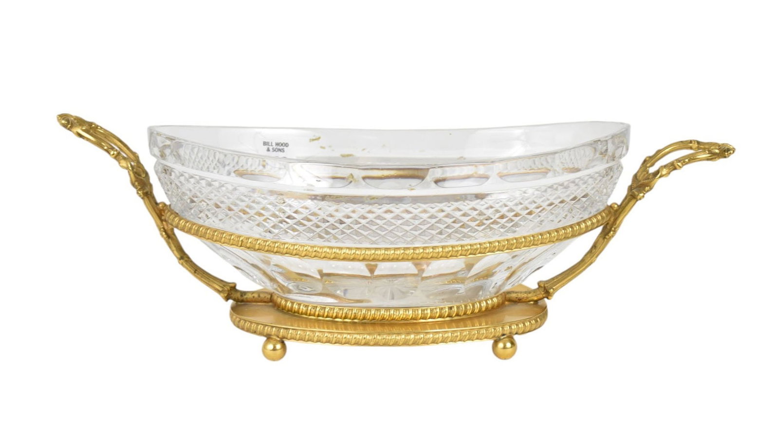 Centerpiece Crystal Oval Bowl in Fitted Gilt Bronze Frame with Handles, Ball Feet, I.F.S Ltd.: Centerpiece Crystal Oval Bowl in Fitted Gilt Bronze Frame with Handles, Ball Feet, I.F.S Ltd. Impressed on Bottom, 5 1/2"h x 17 1/2"w