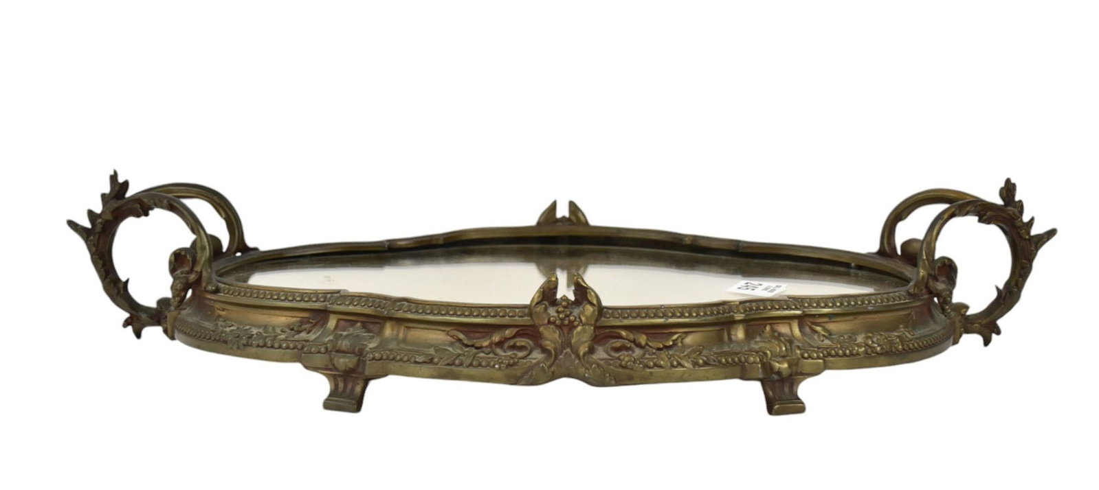 Mirrored Shaped Plateau in Brass Frame, Scrolling Handles, 3 1/2"h x 20"w (mirror needs adjusting): Mirrored Shaped Plateau in Brass Frame, Scrolling Handles, 3 1/2"h x 20"w (mirror needs adjusting)
