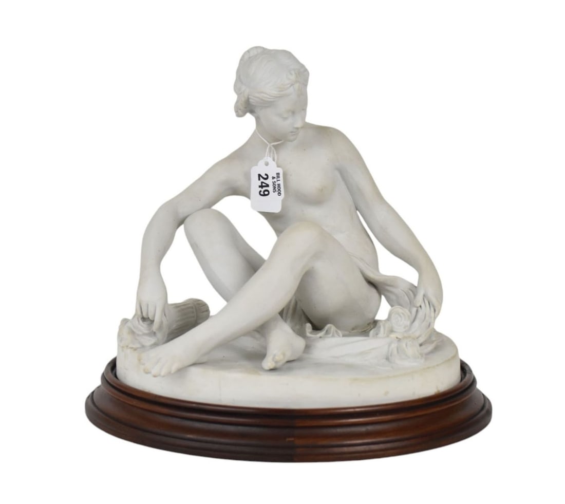 Nymphenberg White Bisque Seated Nude, Shield At Rear Base, 12"h x 14"w (some repair): Nymphenberg White Bisque Seated Nude, Shield At Rear Base, 12"h x 14"w (some repair)