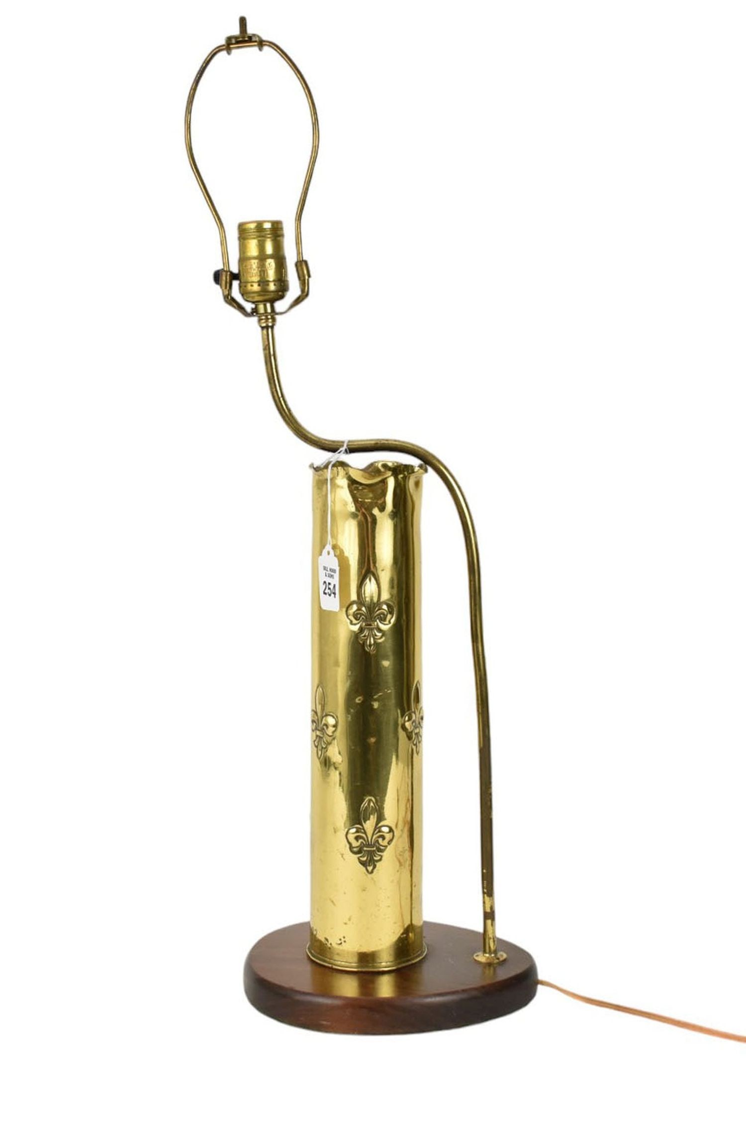 Brass Plated Artillery Shell Lamp with Fleur de Lis Motif, "Verdun" 26"h to top: Brass Plated Artillery Shell Lamp with Fleur de Lis Motif, "Verdun" 26"h to top