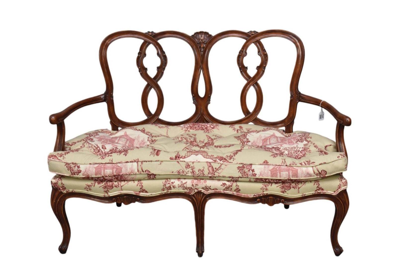 Queen Anne Style Triple-Back Carved Mahogany Settee with Upholstered: Queen Anne Style Triple-Back Carved Mahogany Settee with Upholstered Seat 20th Century, Upholstered in linen red toile fabric, with separate cushion, H. 33 ½” x W. 47” x D. 22&rdquo