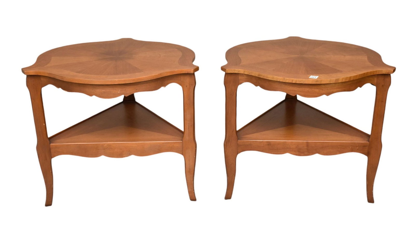 Pair of BAKER FURNITURE French Provincial Louis XV Style Walnut Two-Tier Side Tables/Tea Tables,: Pair of BAKER FURNITURE French Provincial Louis XV Style Walnut Two-Tier Side Tables/Tea Tables, 20th Century, Parquetry inlaid top, Each marked “Baker” H. 21 ½ x W. 27” x D. 27&r