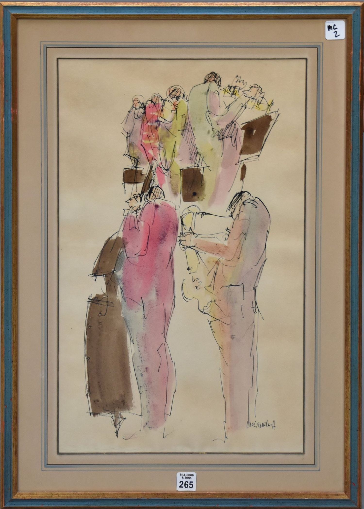 Leo Meiersdorf (1934-1994) watercolor/pen on paper, signed lower right, orchestra, 21 1/2" x 13": Leo Meiersdorf (1934-1994) watercolor/pen on paper, signed lower right, orchestra, 21 1/2" x 13" sight, 27 1/2" x 19" overall