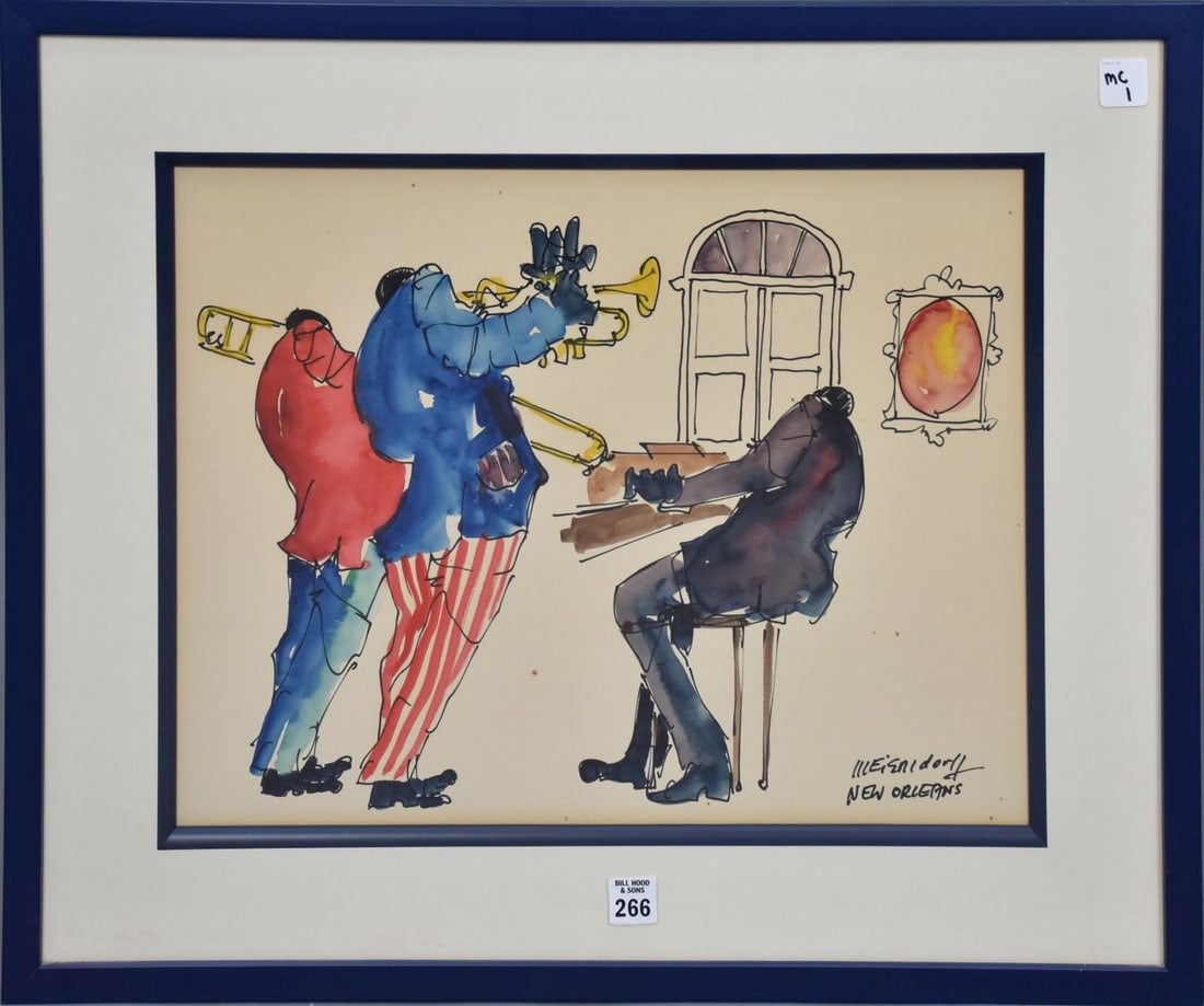 Leo Meiersdorf (1934-1994) watercolor/pen on paper, trumpet players, signed lower right, 14" x 18": Leo Meiersdorf (1934-1994) watercolor/pen on paper, trumpet players, signed lower right, 14" x 18" sight, 21 1/4" x 25" overall