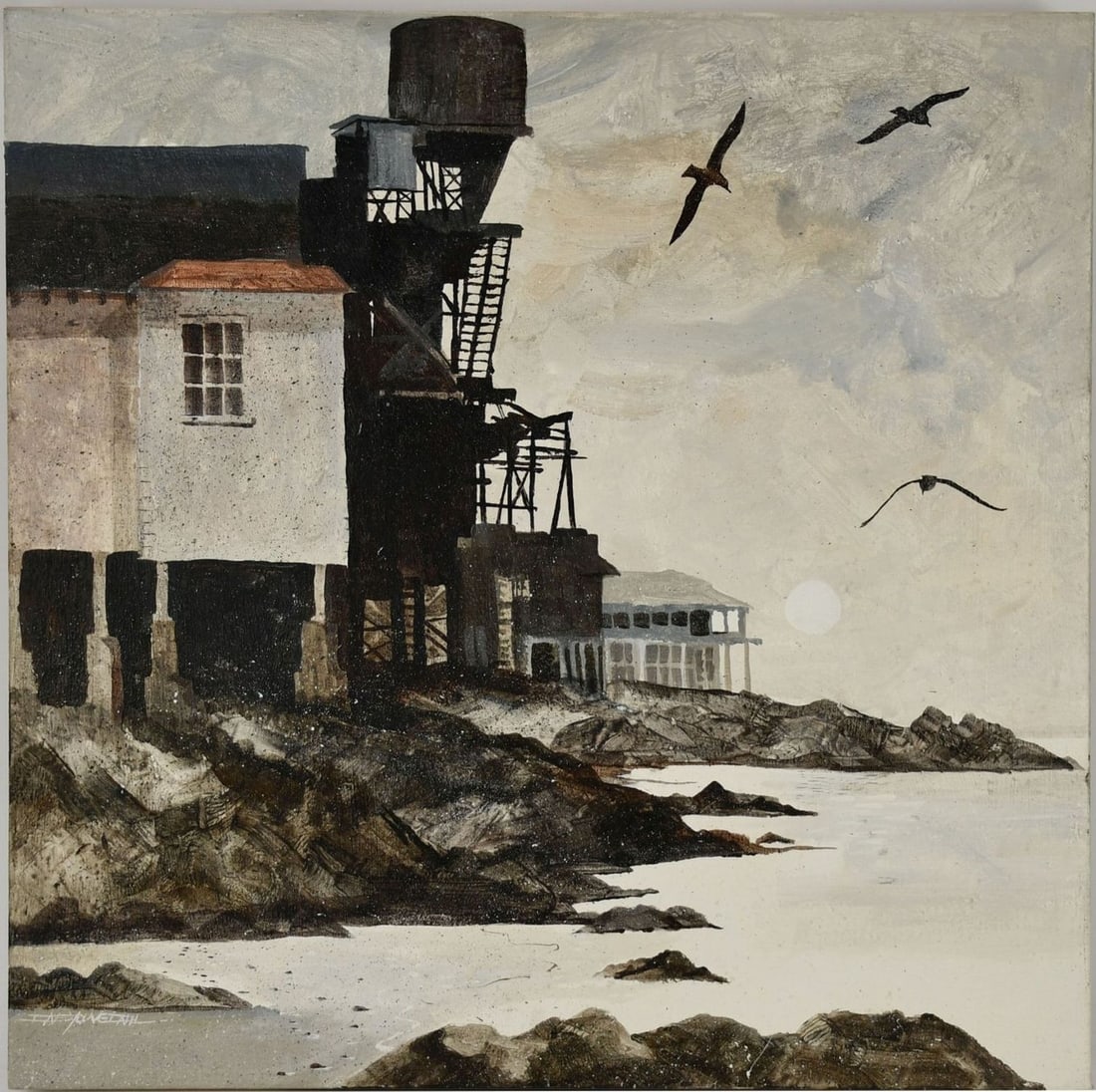 Industrial seascape, signed lower left, oil on canvas, signed on front and verso, 22" x 22" overall: Industrial seascape, signed lower left, oil on canvas, signed on front and verso, 22" x 22" overall