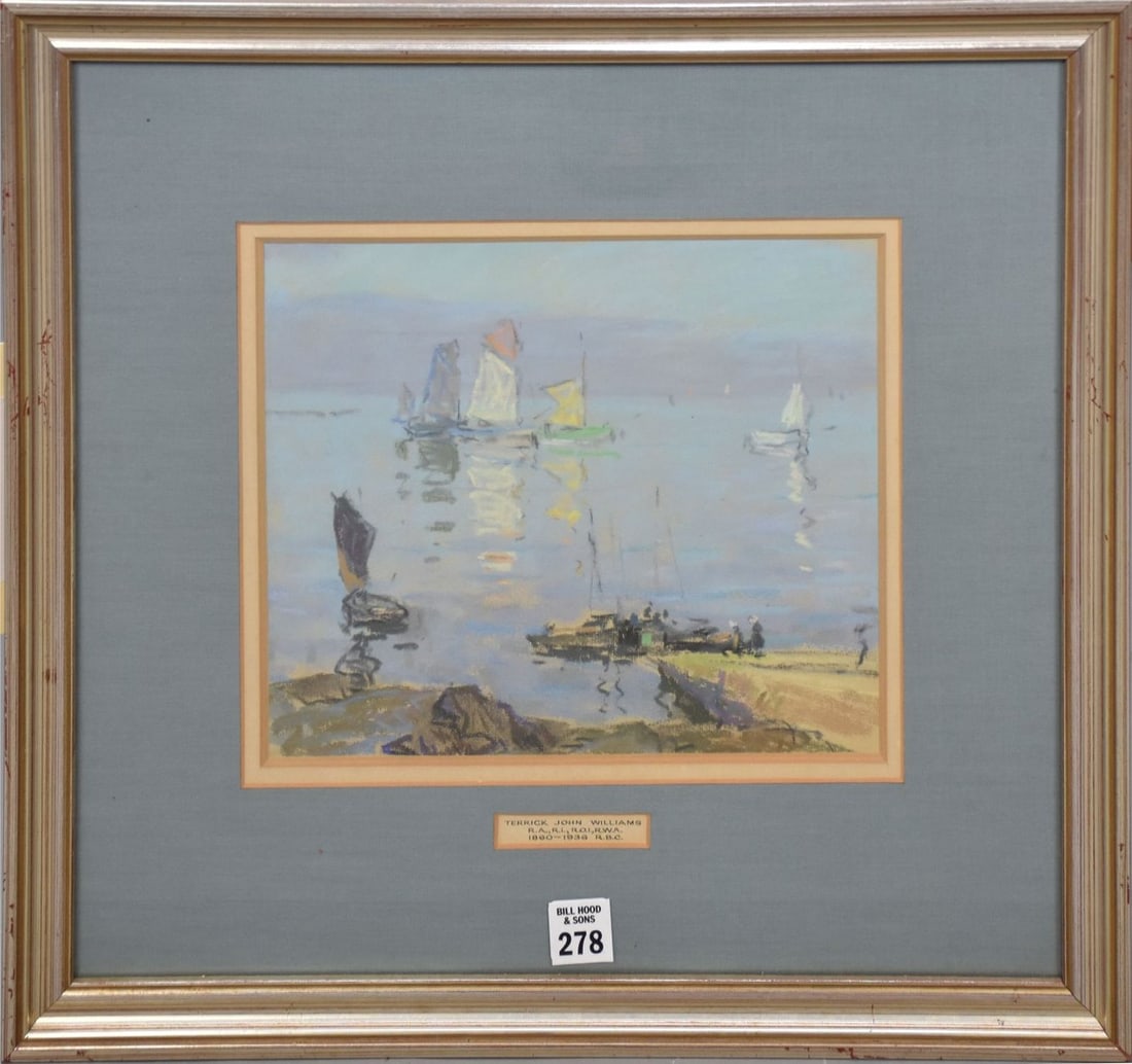 TERRICK JOHN WILLIAMS (1860-1936) Late 19th/ Early 20th Century, UK. Untitled (Marine Scene) Pastel: TERRICK JOHN WILLIAMS (1860-1936) Late 19th/ Early 20th Century, UK. Untitled (Marine Scene) Pastel on paper, Depicting sailboats along the water’s edge. No apparent signature. Name on matting. H. 8