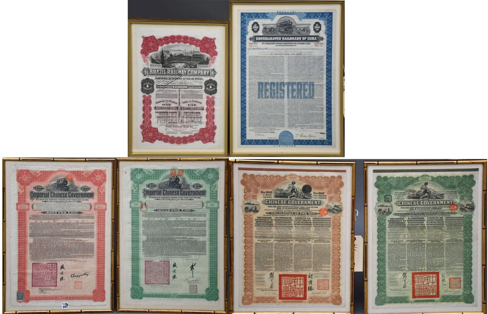 Miscellaneous Grouping of Six Chinese, Brazil, and Cuban Railway and Railroads: Miscellaneous Grouping of Six Chinese, Brazil, and Cuban Railway and Railroads Bonds Early 20th Century: Comprising of A) Imperial Chinese Government Railway Bond, Indo-China Bank, Loan of 1913, No. 5